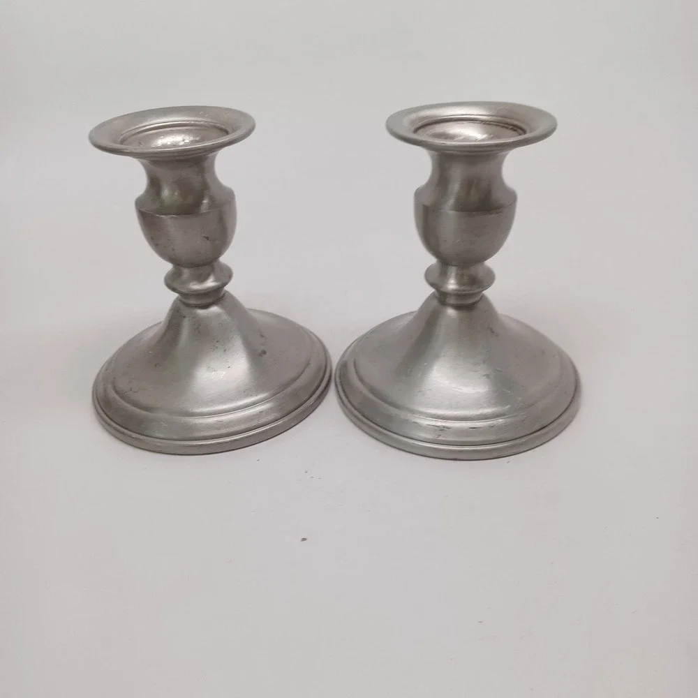 Web Pewter Weighted Candlestick Pair Silver Tone Taper Candle Holders Set of 2
